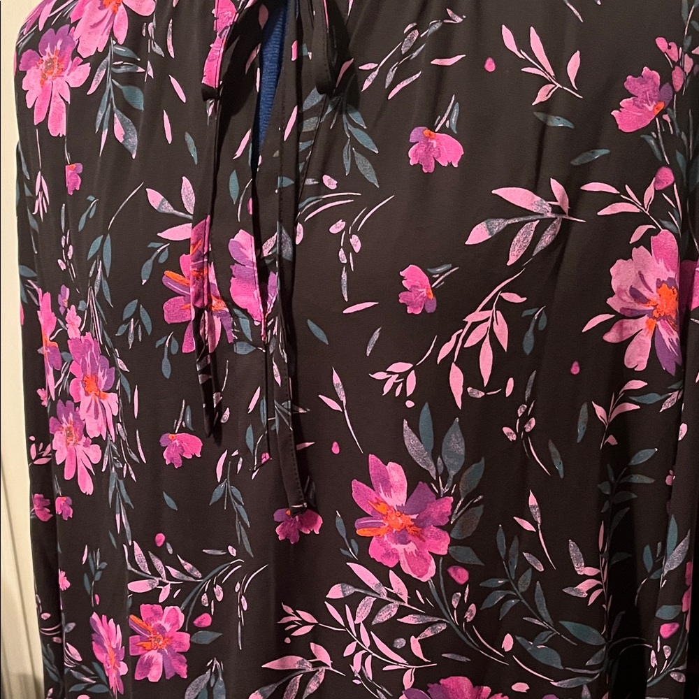 Counterparts Black and Pink Floral Long Sleeve Blouse V Neck Elastic Wrists | XL - Picture 8 of 12